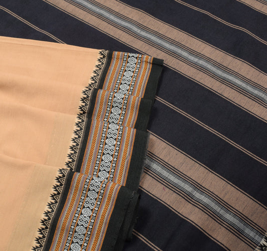 Sushila Vintage Art Cotton Brown Saree Hand Woven Black Border Pallu Sari Fabric