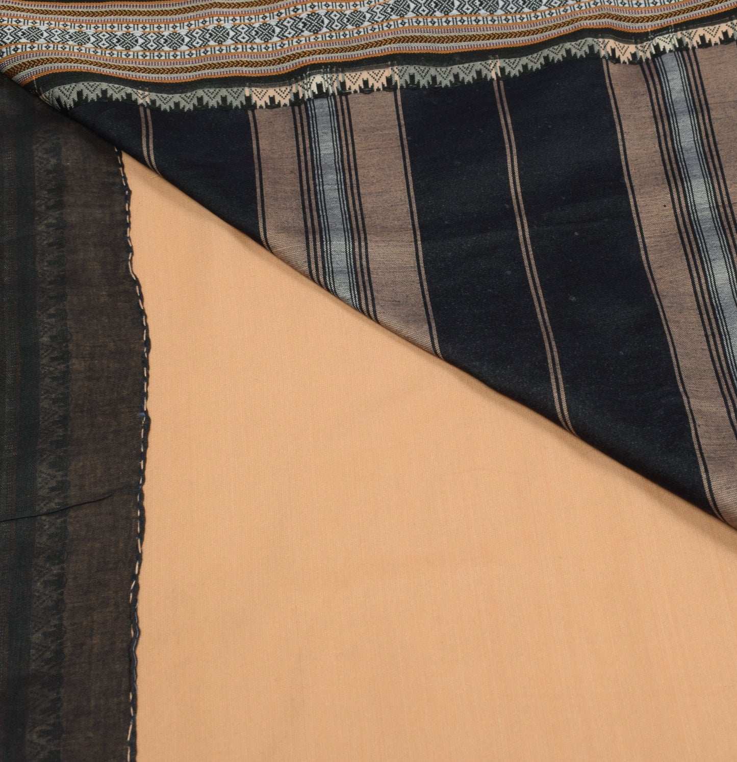 Sushila Vintage Art Cotton Brown Saree Hand Woven Black Border Pallu Sari Fabric