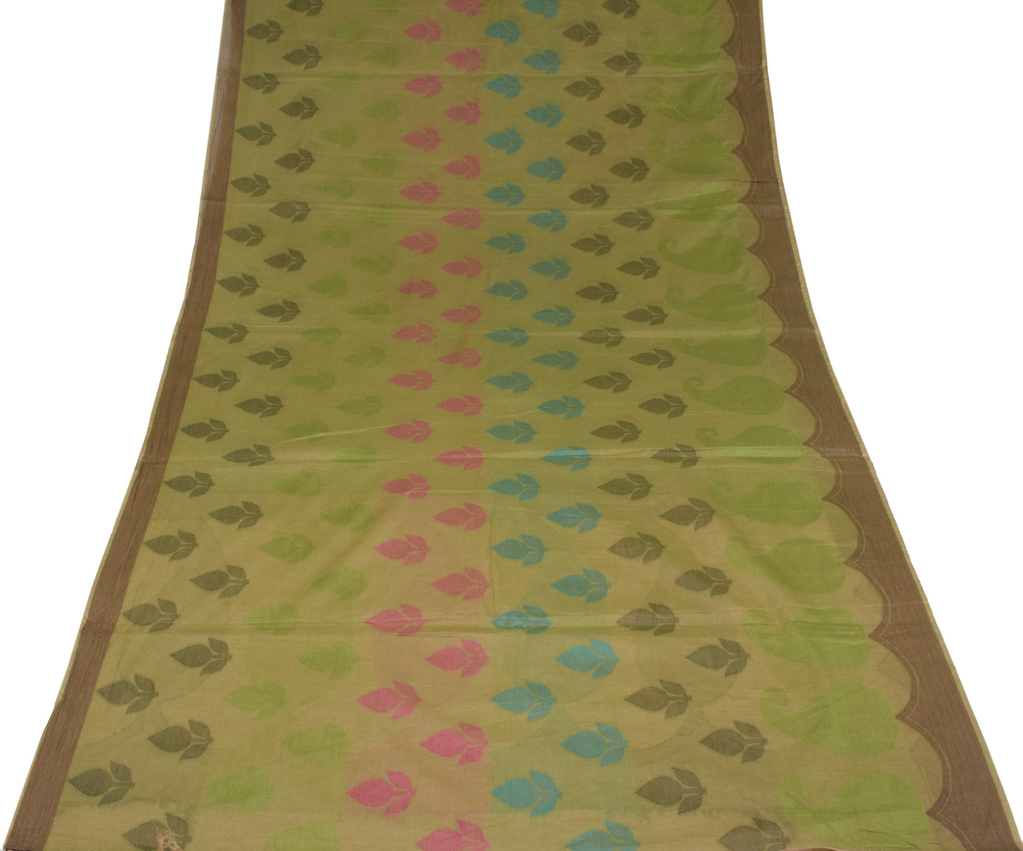 Sushila Vintage Leaves Hand Woven Saree Pure Cotton Green 5YD Sari Craft Fabric