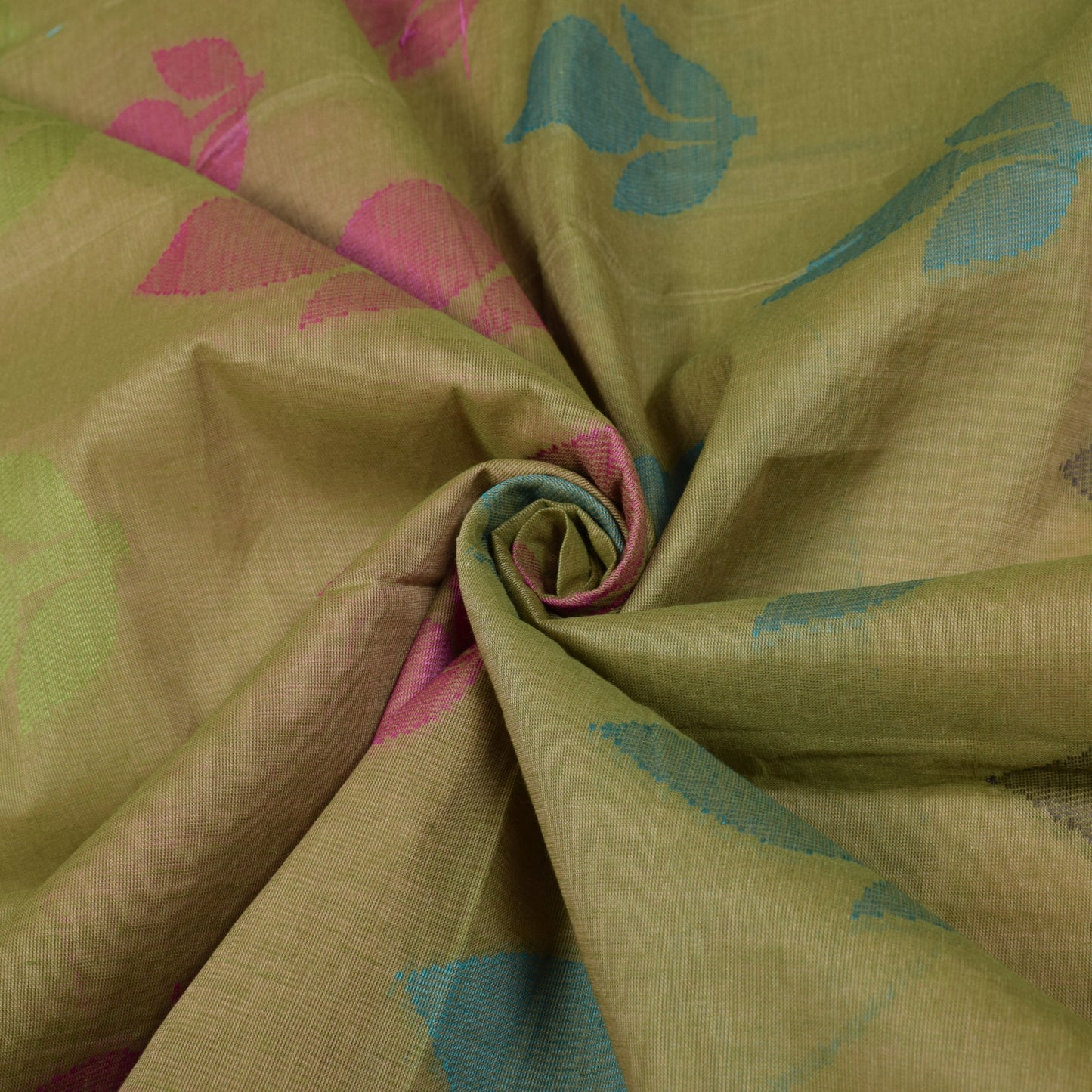 Sushila Vintage Leaves Hand Woven Saree Pure Cotton Green 5YD Sari Craft Fabric