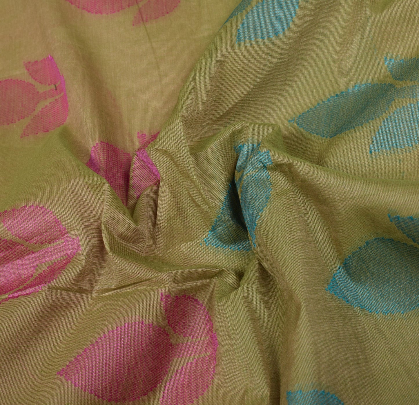Sushila Vintage Leaves Hand Woven Saree Pure Cotton Green 5YD Sari Craft Fabric