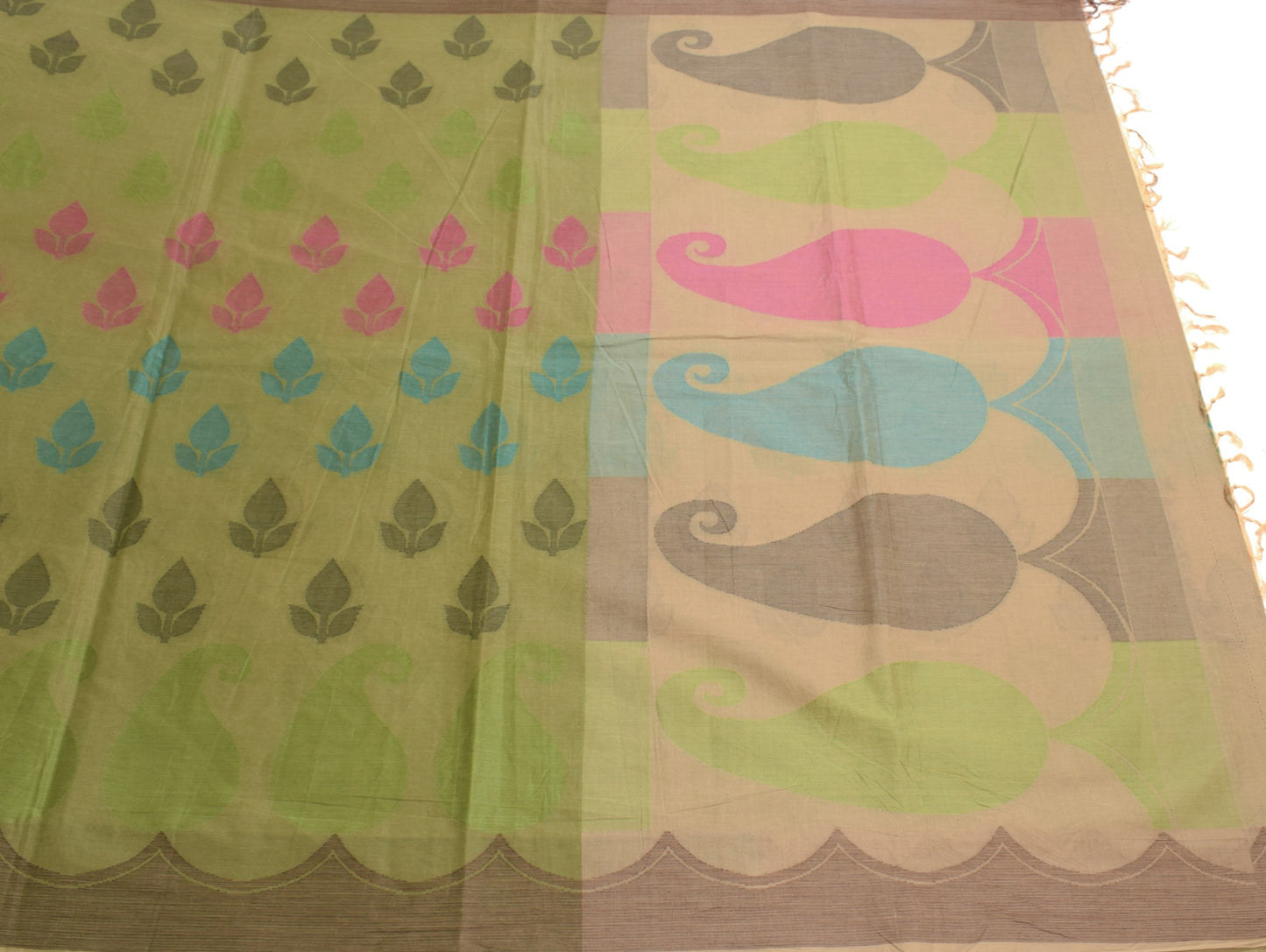 Sushila Vintage Leaves Hand Woven Saree Pure Cotton Green 5YD Sari Craft Fabric