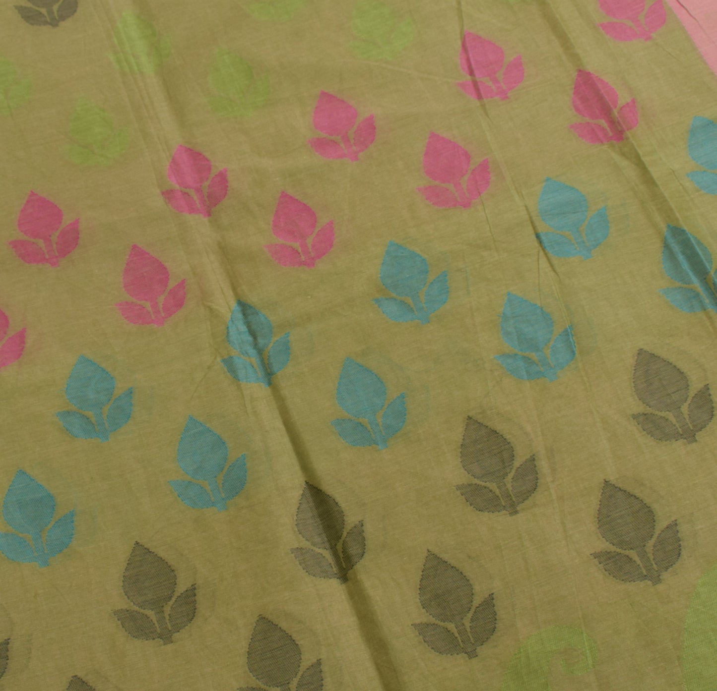 Sushila Vintage Leaves Hand Woven Saree Pure Cotton Green 5YD Sari Craft Fabric