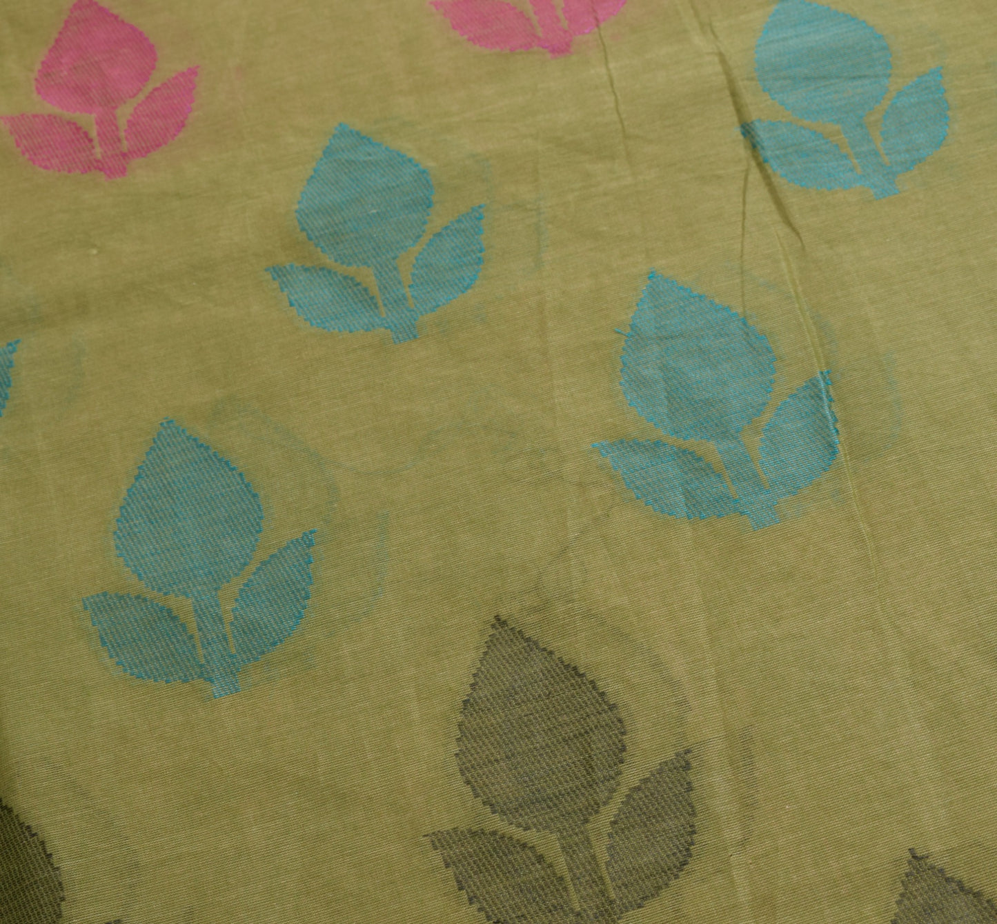 Sushila Vintage Leaves Hand Woven Saree Pure Cotton Green 5YD Sari Craft Fabric