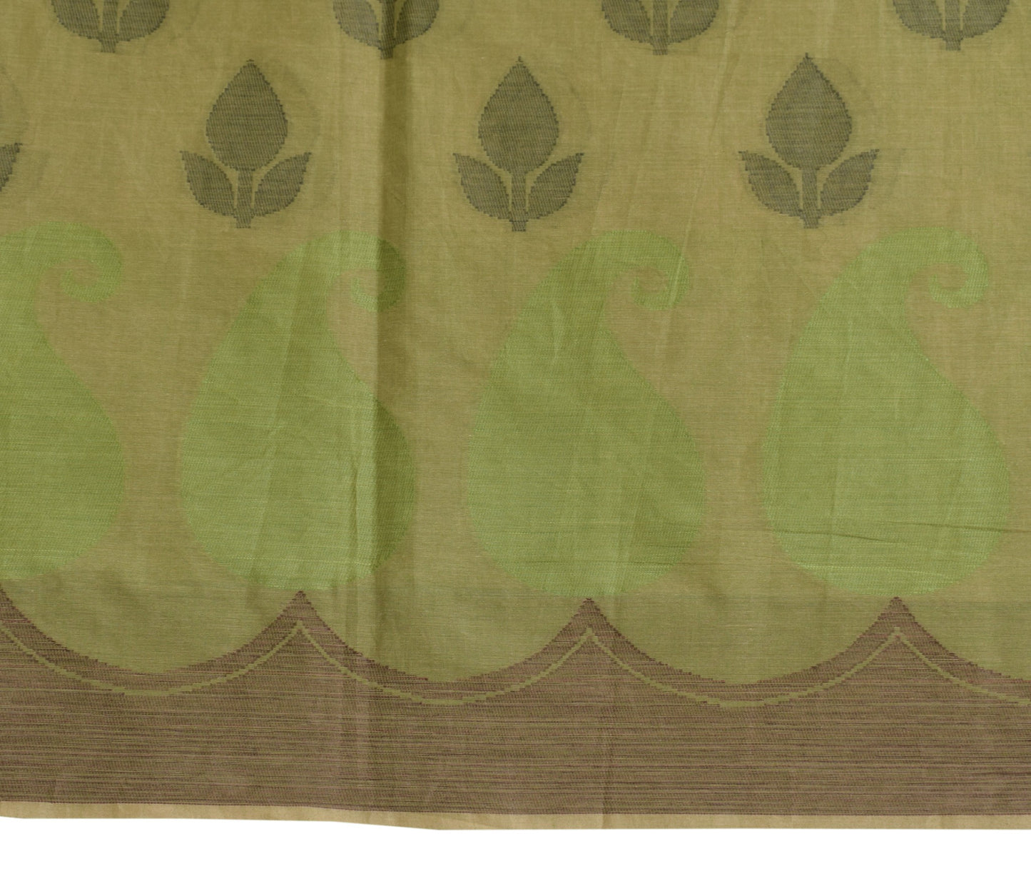 Sushila Vintage Leaves Hand Woven Saree Pure Cotton Green 5YD Sari Craft Fabric
