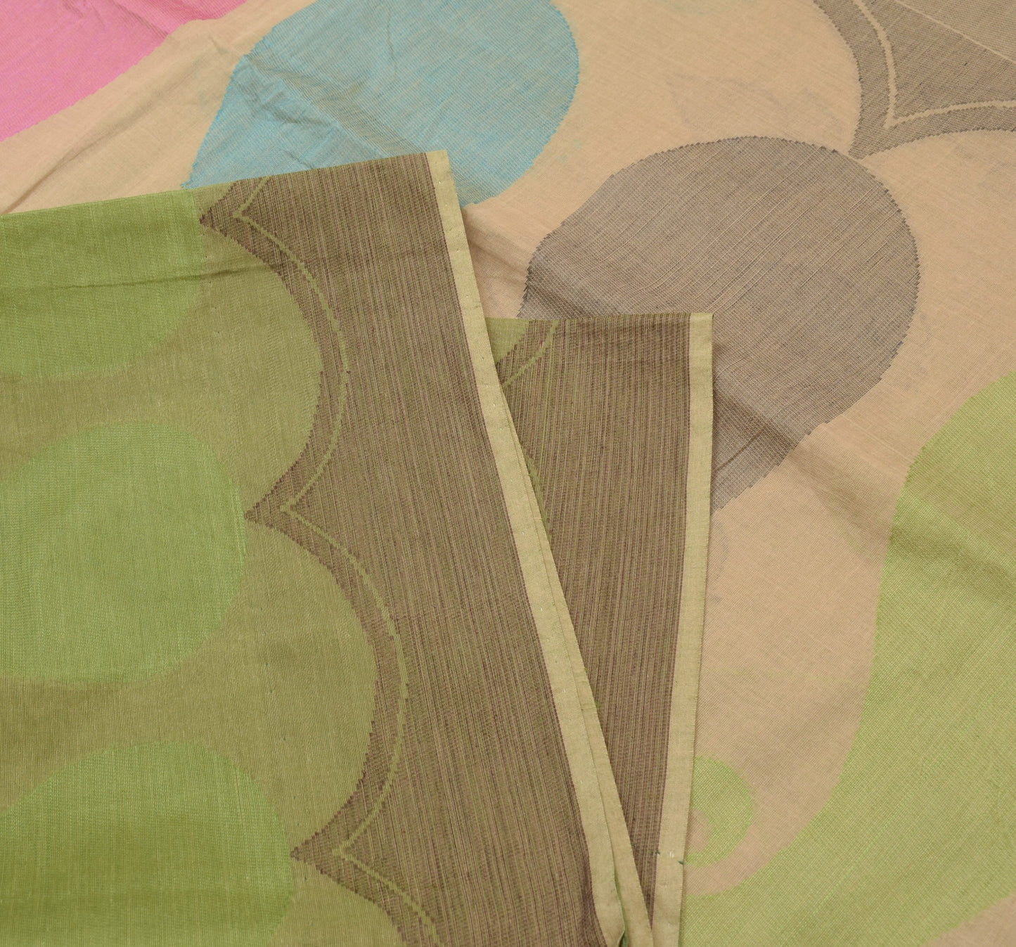 Sushila Vintage Leaves Hand Woven Saree Pure Cotton Green 5YD Sari Craft Fabric