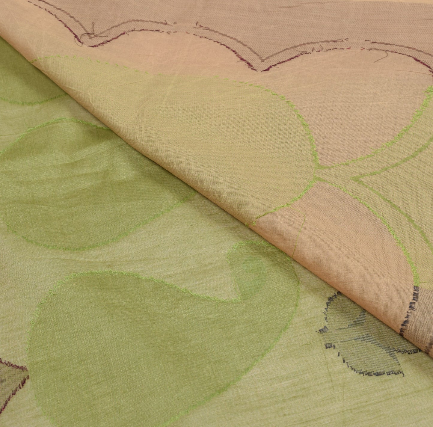 Sushila Vintage Leaves Hand Woven Saree Pure Cotton Green 5YD Sari Craft Fabric