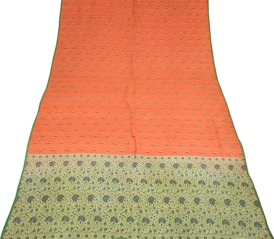 Sushila Vintage Pure Handloom Silk Saree Orange Paisley Woven Sari Craft Fabric
