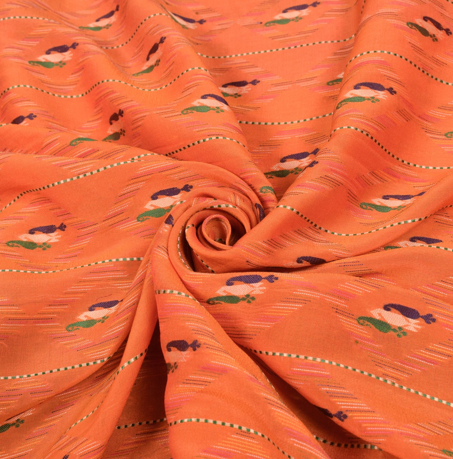 Sushila Vintage Pure Handloom Silk Saree Orange Paisley Woven Sari Craft Fabric