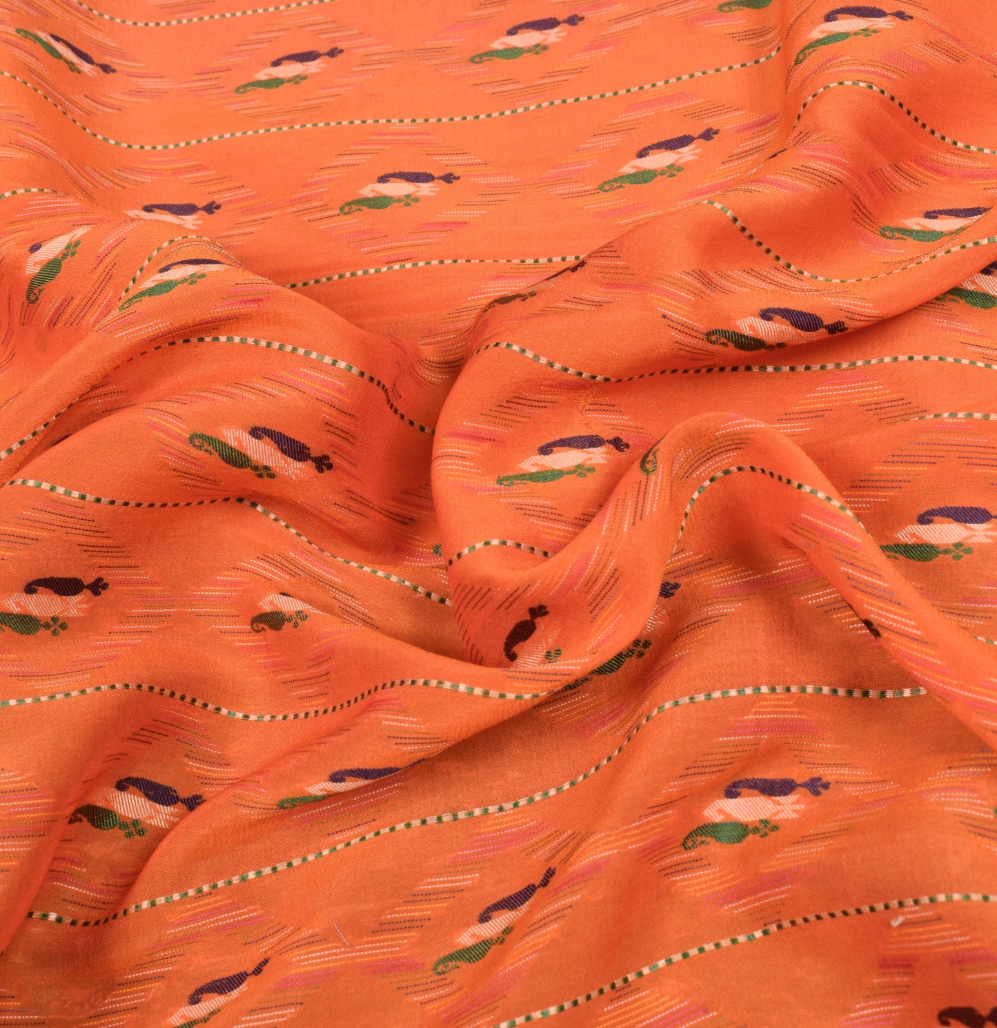 Sushila Vintage Pure Handloom Silk Saree Orange Paisley Woven Sari Craft Fabric
