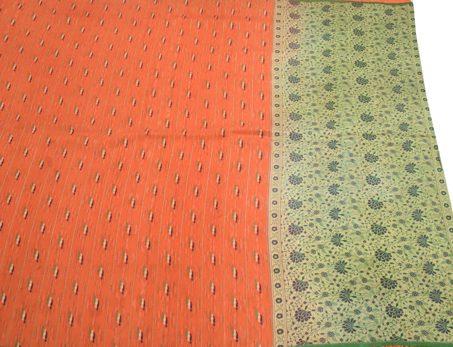 Sushila Vintage Pure Handloom Silk Saree Orange Paisley Woven Sari Craft Fabric