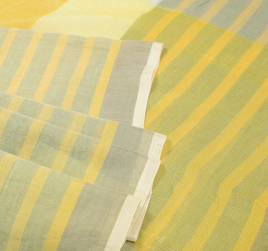 Sushila Vintage White Handloom Saree Pure Cotton Stripes Woven 7Yard Sari Fabric