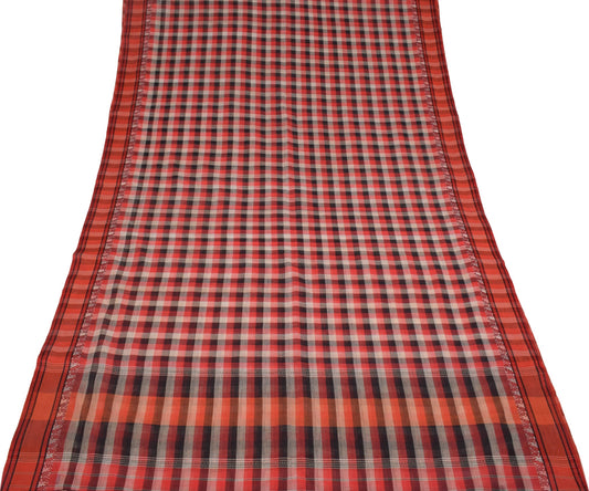 Sushila Vintage Pure Handloom Cotton Saree Multi-Color Checks Woven Sari Fabric