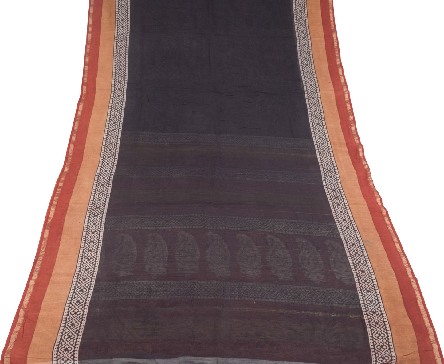 Sushila Vintage Black Saree Pure Cotton Silk Hand Block Printed 5YD Sari Fabric