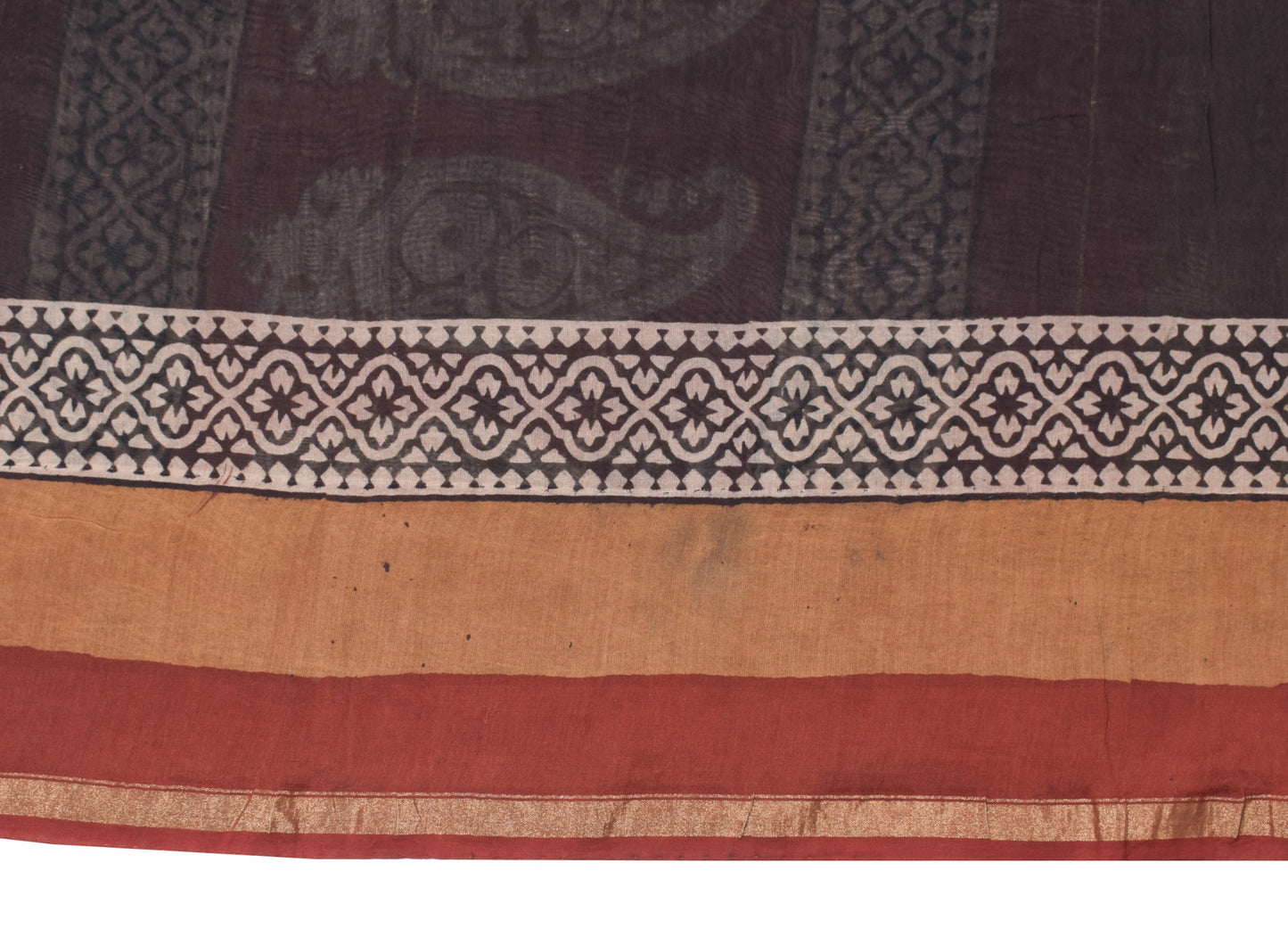 Sushila Vintage Black Saree Pure Cotton Silk Hand Block Printed 5YD Sari Fabric