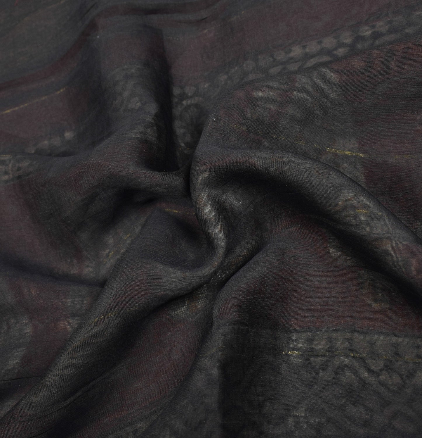Sushila Vintage Black Saree Pure Cotton Silk Hand Block Printed 5YD Sari Fabric