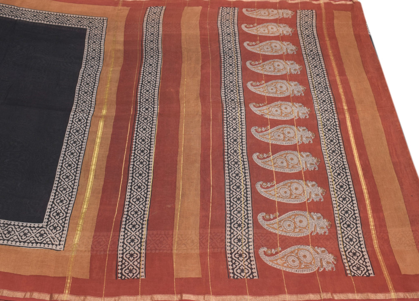 Sushila Vintage Black Saree Pure Cotton Silk Hand Block Printed 5YD Sari Fabric