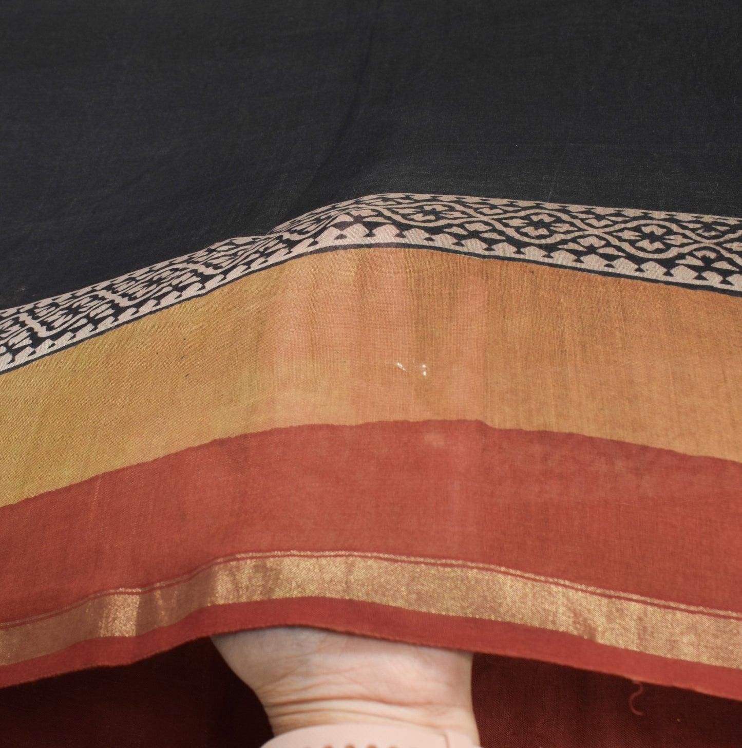 Sushila Vintage Black Saree Pure Cotton Silk Hand Block Printed 5YD Sari Fabric