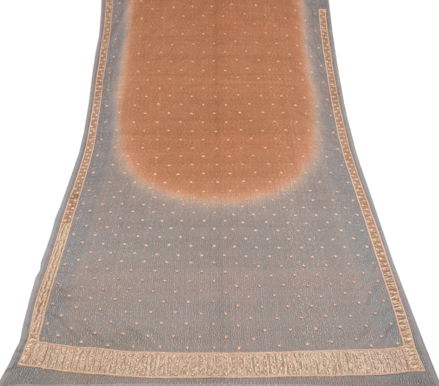 Sushila Vintage Brown HEAVY Saree Gray Zardozi Work Border Pallu Net Sari Fabric