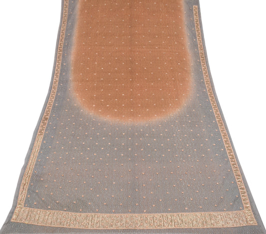 Sushila Vintage Brown HEAVY Saree Gray Zardozi Work Border Pallu Net Sari Fabric