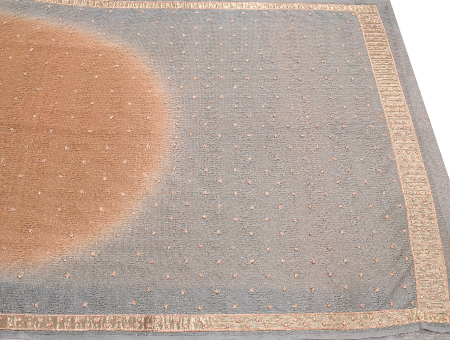 Sushila Vintage Brown HEAVY Saree Gray Zardozi Work Border Pallu Net Sari Fabric