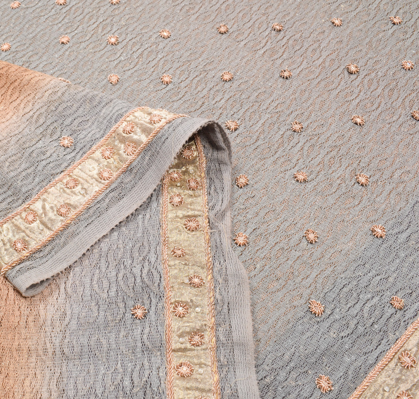 Sushila Vintage Brown HEAVY Saree Gray Zardozi Work Border Pallu Net Sari Fabric