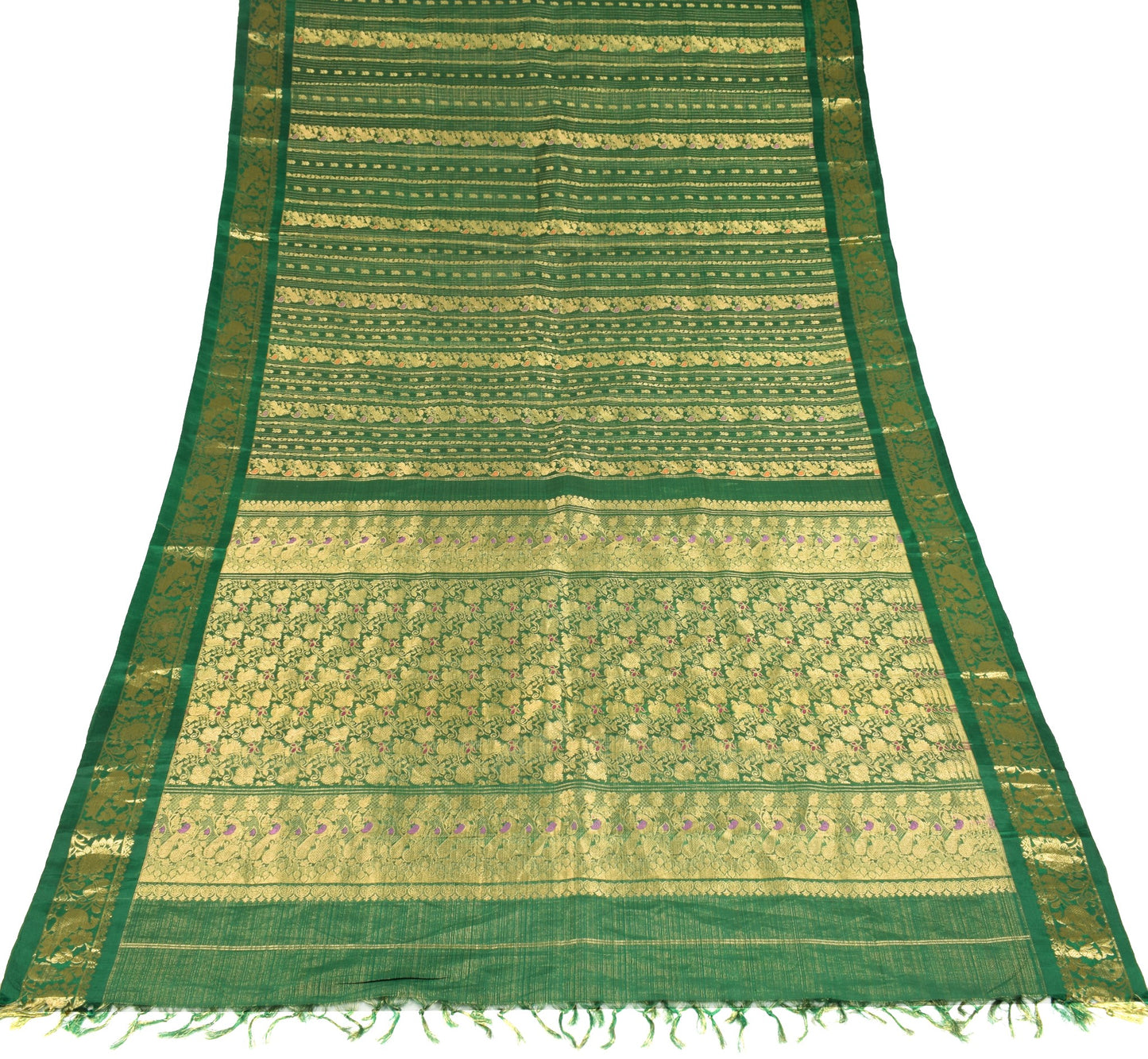 Sushila Vintage Green Pure Tissue Saree Kanjivaram Zari Brocade HEAVY Sari Fabric