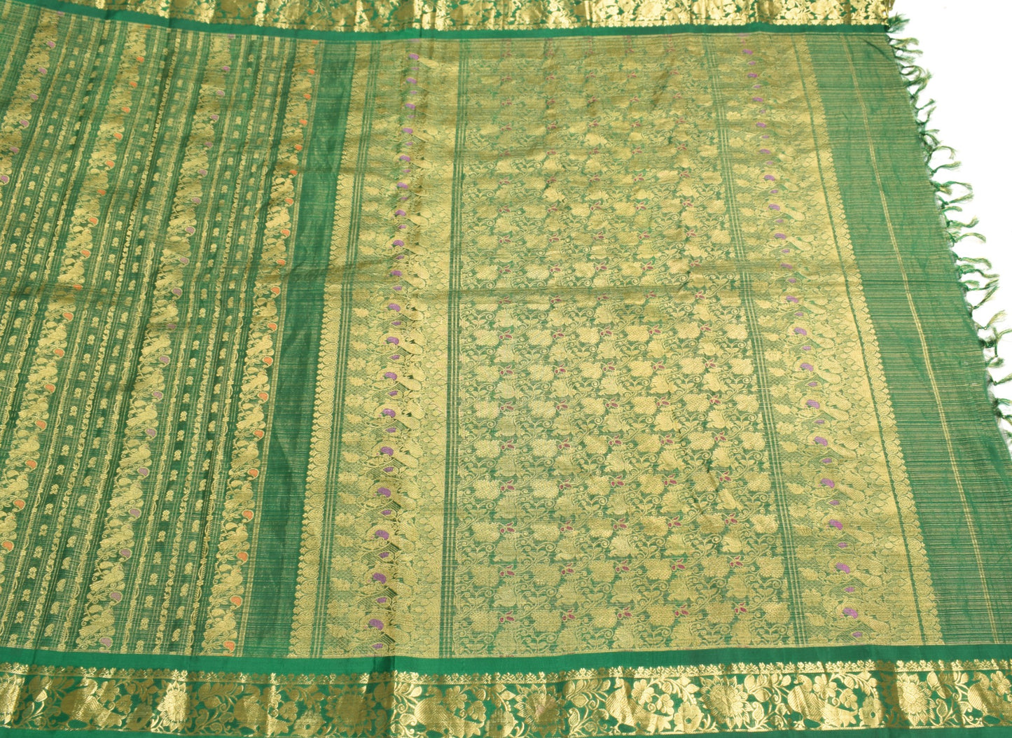 Sushila Vintage Green Pure Tissue Saree Kanjivaram Zari Brocade HEAVY Sari Fabric