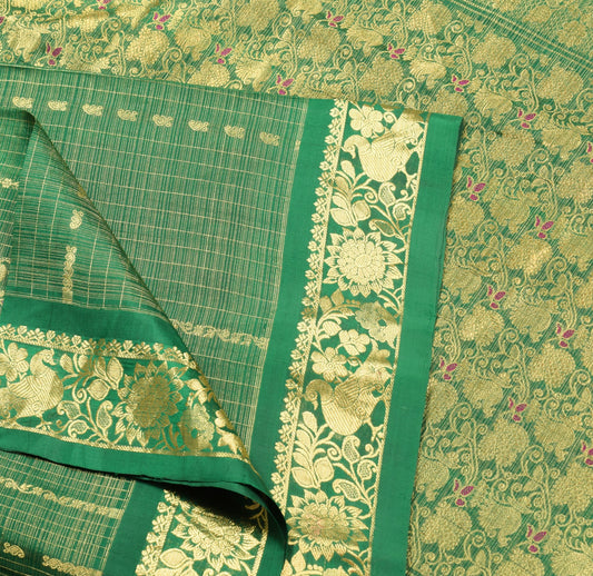 Sushila Vintage Green Pure Tissue Saree Kanjivaram Zari Woven HEAVY Sari Fabric