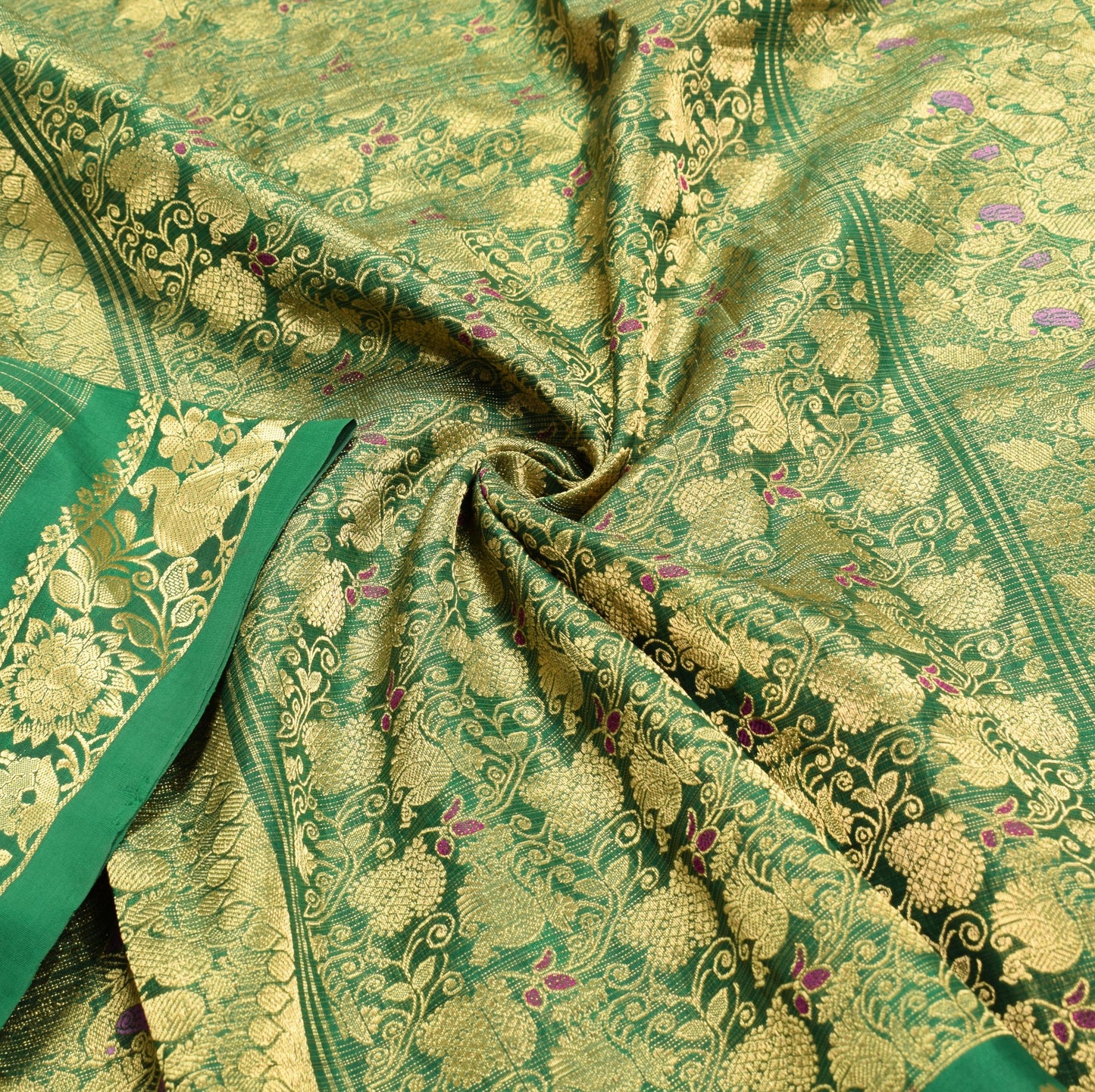 Sushila Vintage Green Pure Tissue Saree Kanjivaram Zari Brocade HEAVY Sari Fabric