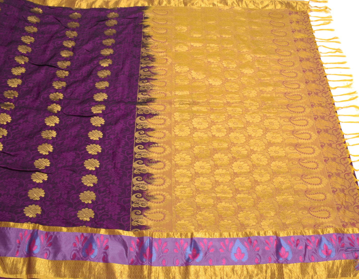 Sushila Vintage Purple Gold Jacquard Banarasi or Kanjivaram Art Silk Sari Fabric