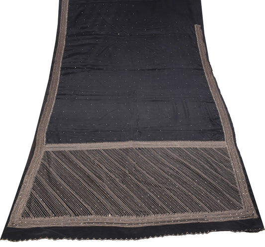 Sushila Vintage Black Saree Zari Embroidered Soft Pure Crepe Silk Sari Fabric