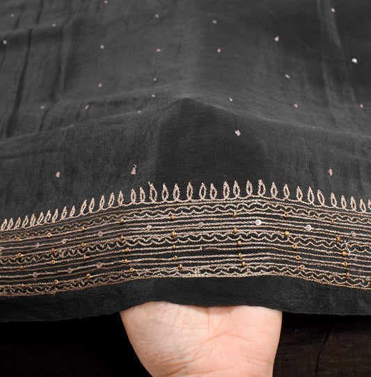 Sushila Vintage Black Saree Zari Embroidered Soft Pure Crepe Silk Sari Fabric