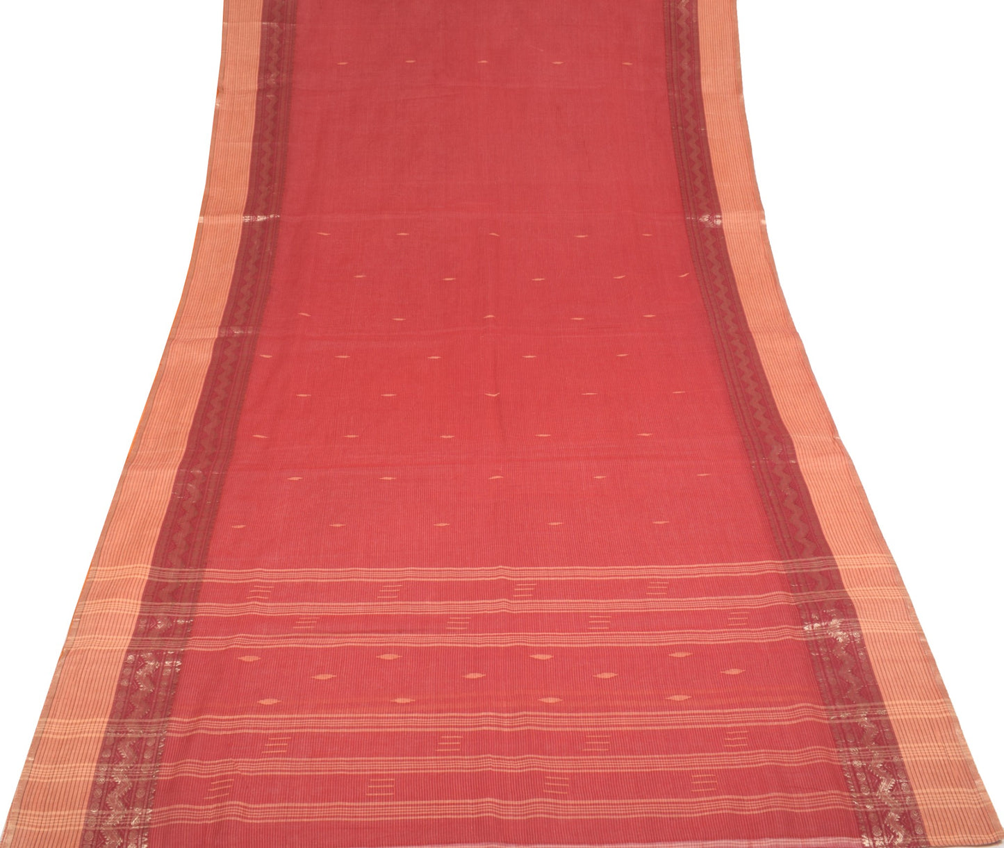 Sushila Vintage Bengal Tant Woven Saree Pure Cotton Red Handloom 5Yd Sari Fabric