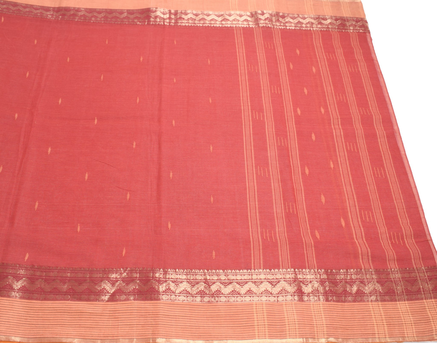 Sushila Vintage Bengal Tant Woven Saree Pure Cotton Red Handloom 5Yd Sari Fabric