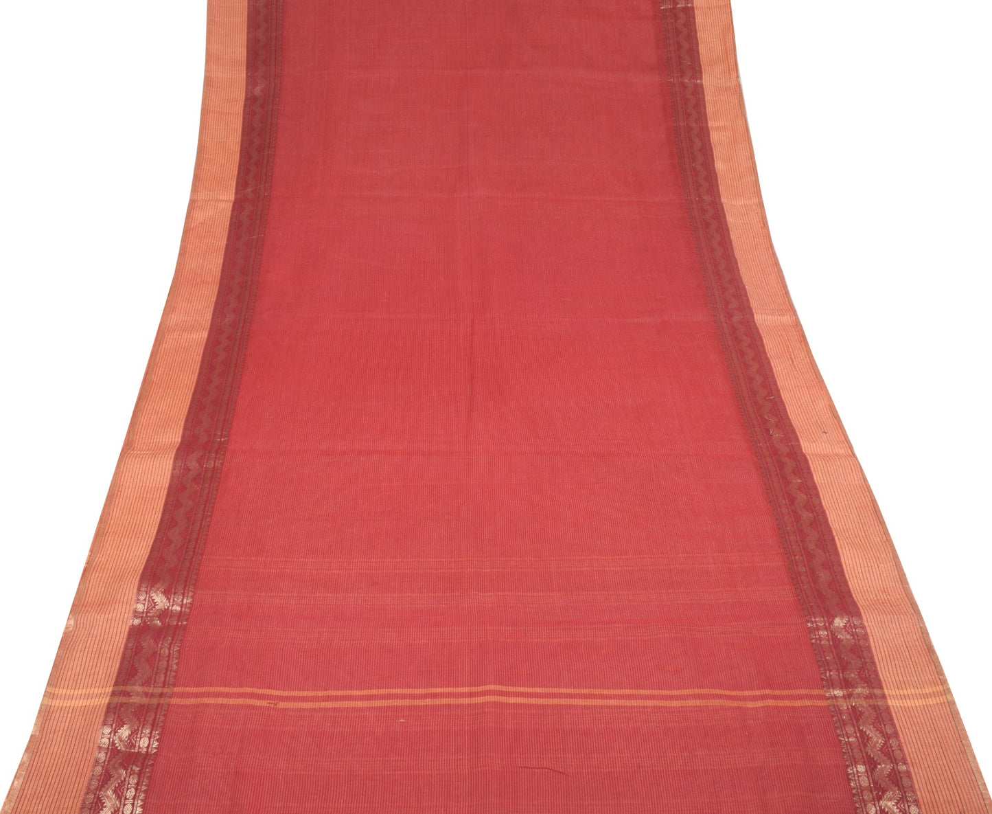 Sushila Vintage Bengal Tant Woven Saree Pure Cotton Red Handloom 5Yd Sari Fabric