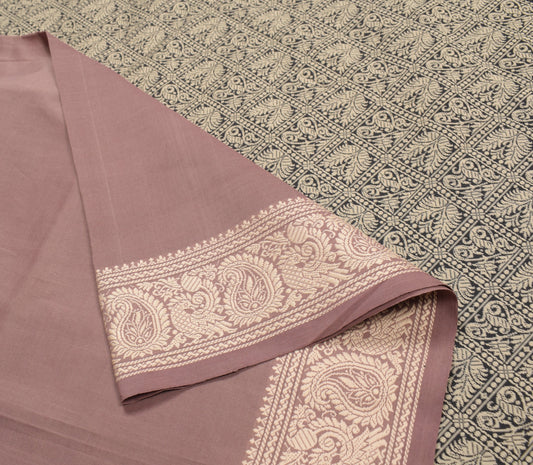 Sushila Vintage Mauve Hand Woven Saree Pure Cotton Peacock 6YD Sari Craft Fabric