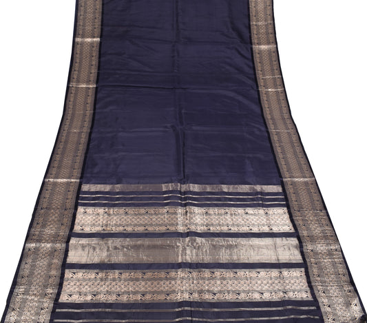 Sushila Vintage Navy Blue Pure Banarasi Silk Saree Brocade Border Pallu 5YD Sari