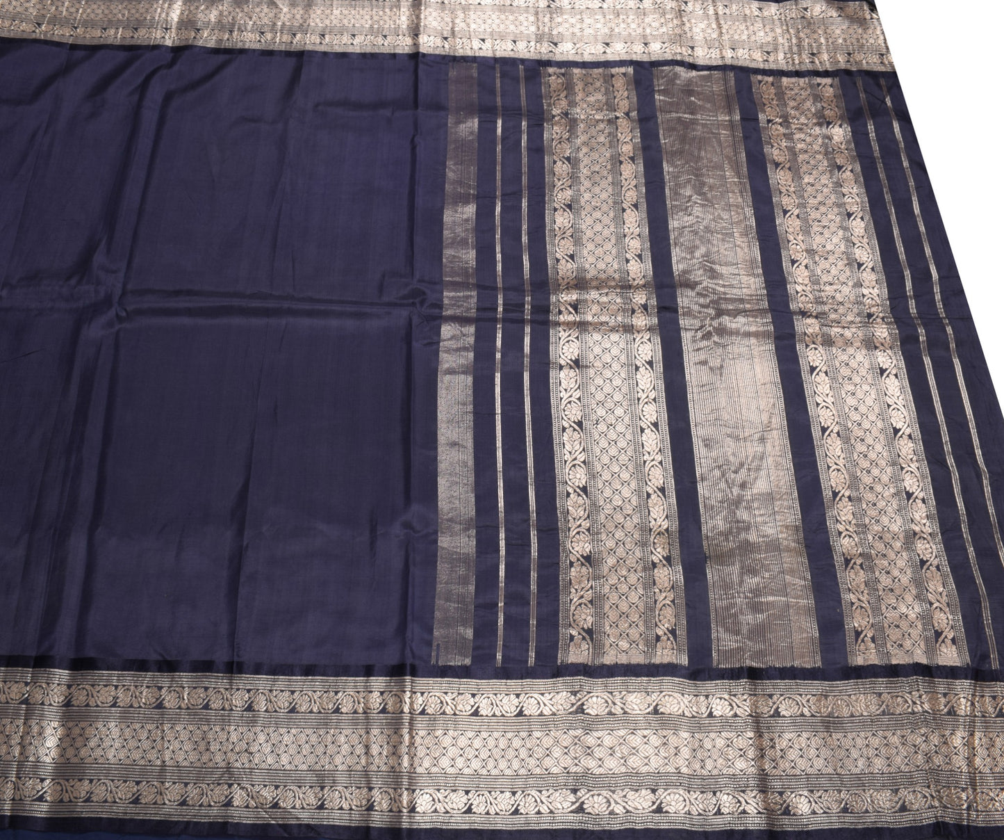 Sushila Vintage Navy Blue Pure Banarasi Silk Saree Brocade Border Pallu 5YD Sari