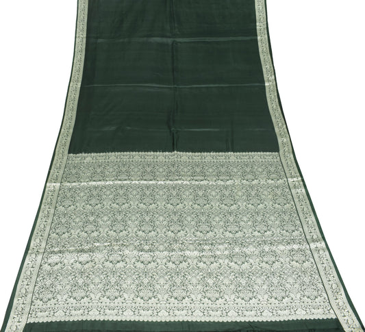 Sushila Vintage Green Saree Pure Banarasi Silk Contrast Resham Woven Sari Fabric