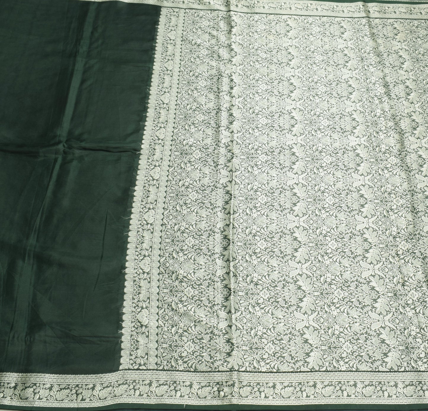 Sushila Vintage Green Saree Pure Banarasi Silk Contrast Resham Woven Sari Fabric