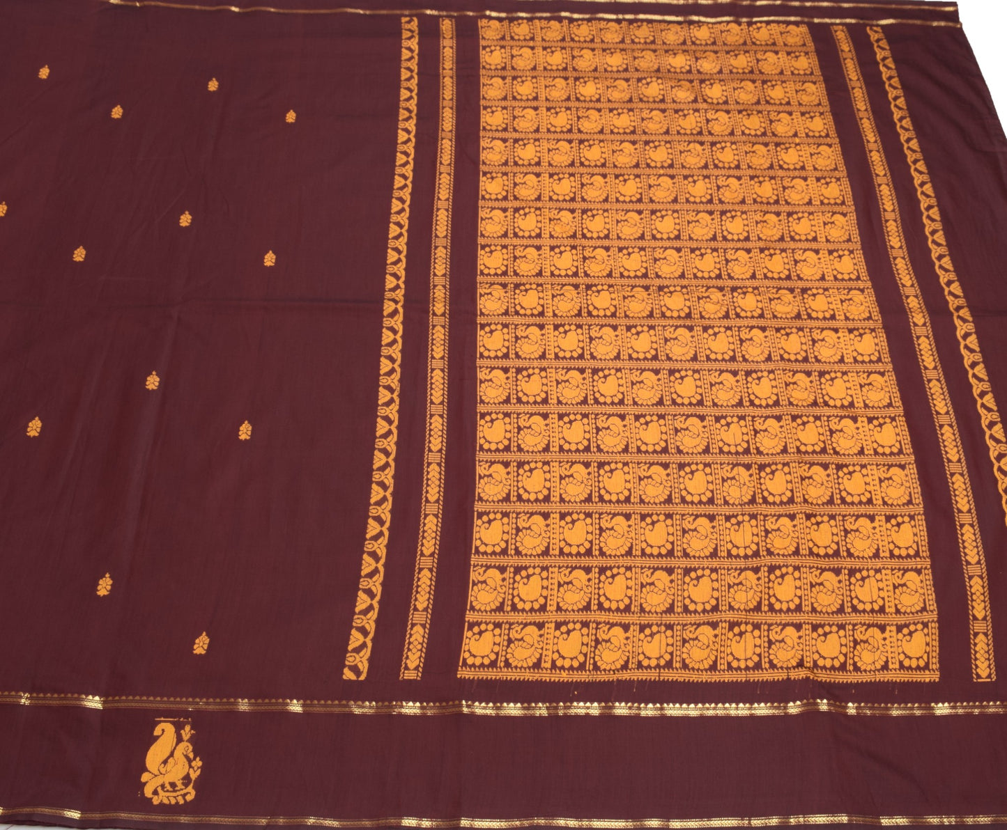 Sushila Vintage Peacock Woven Saree Art Cotton Maroon Kanjivaram 5YD Sari Fabric