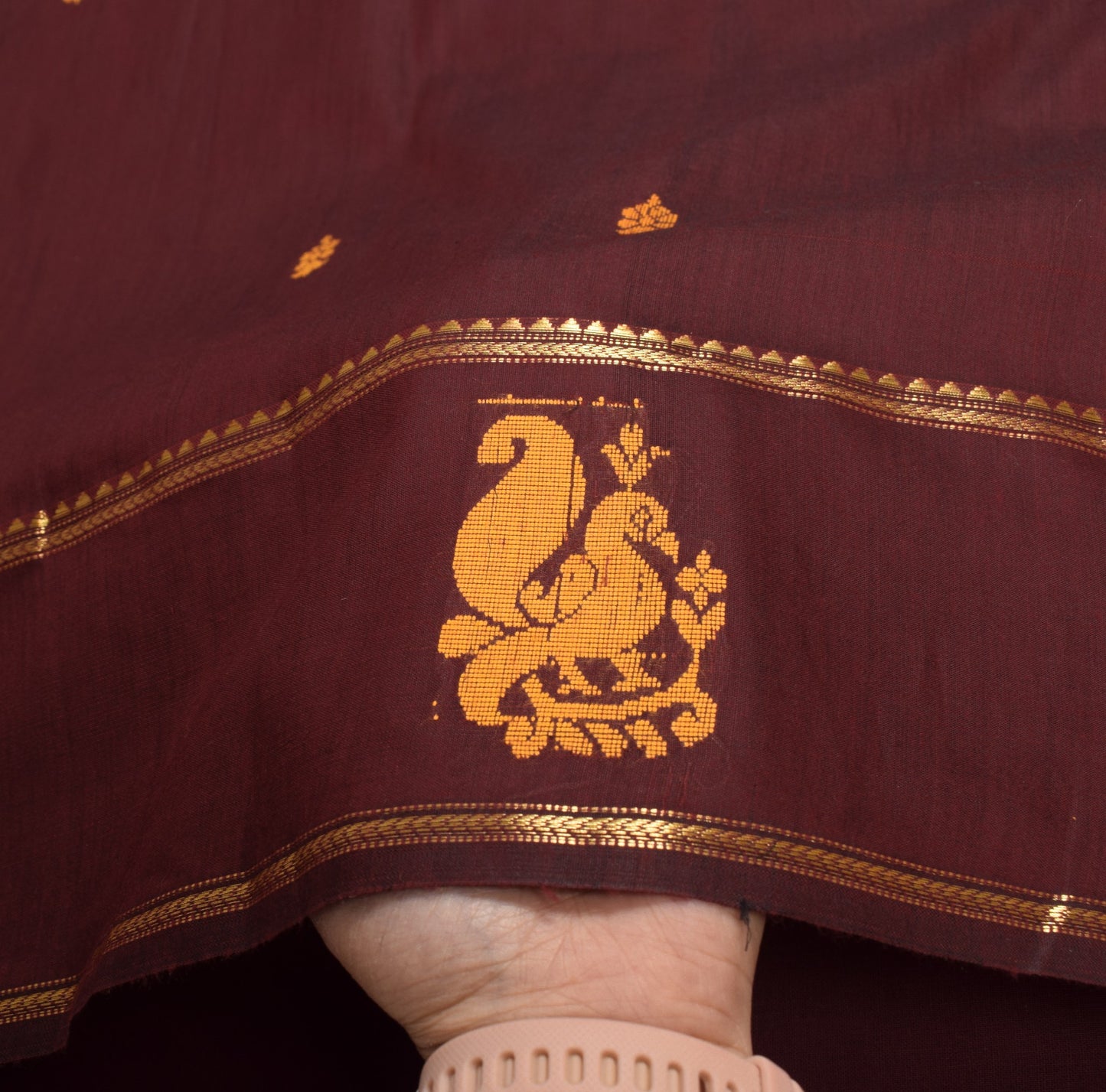 Sushila Vintage Peacock Woven Saree Art Cotton Maroon Kanjivaram 5YD Sari Fabric