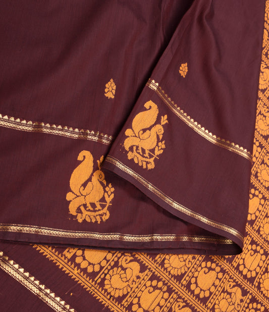 Sushila Vintage Peacock Woven Saree Art Cotton Maroon Kanjivaram 5YD Sari Fabric