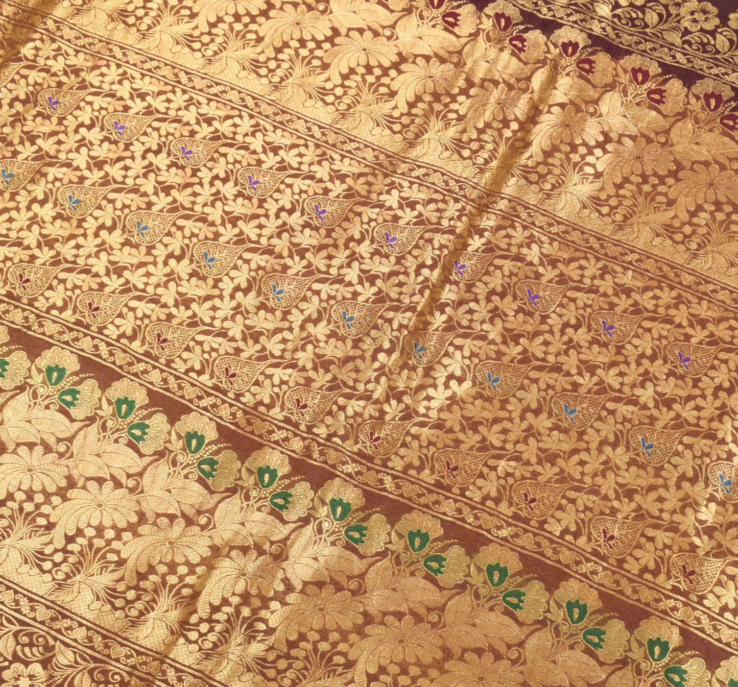 Sushila Vintage Maroon Kanjivaram Saree Pure Silk Gold Zari Brocade Sari Fabric