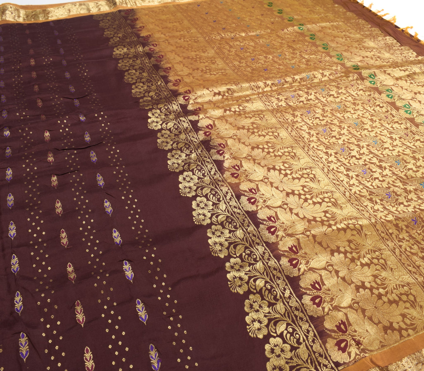 Sushila Vintage Maroon Kanjivaram Saree Pure Silk Gold Zari Brocade Sari Fabric