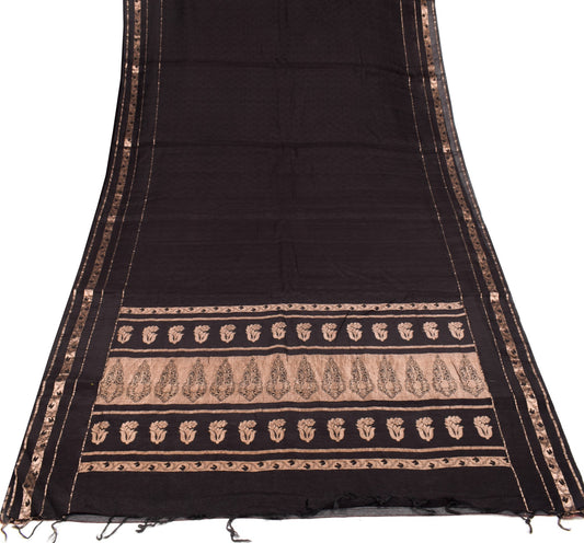 Sushila Vintage Banarasi Brocade Saree Pure Cotton Silk Black Indian Sari Fabric