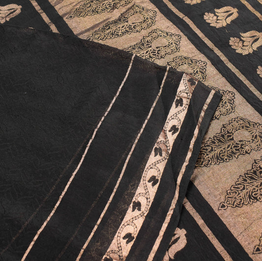 Sushila Vintage Banarasi Brocade Saree Pure Cotton Silk Black Indian Sari Fabric