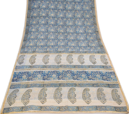Sushila Vintage Hand Block Printed Saree Pure Cotton Silk Blue 5YD Sari Fabric