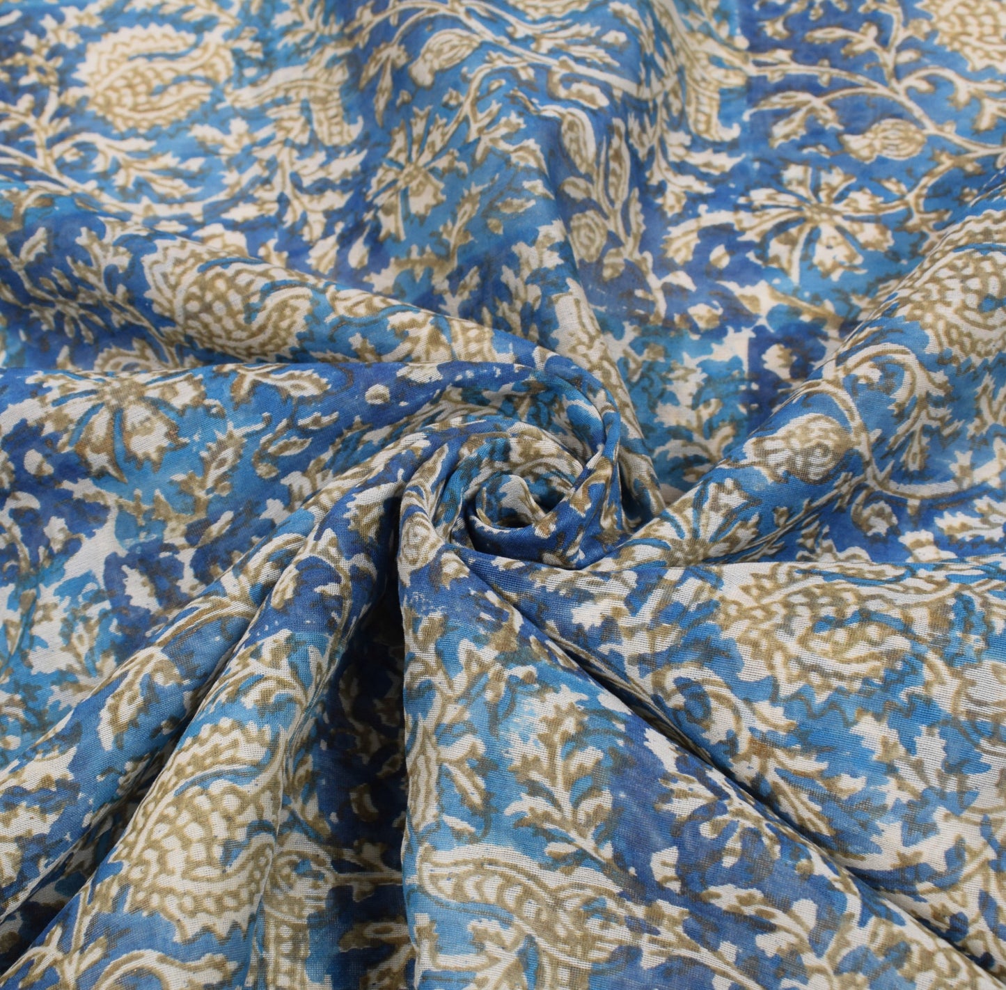 Sushila Vintage Hand Block Printed Saree Pure Cotton Silk Blue 5YD Sari Fabric